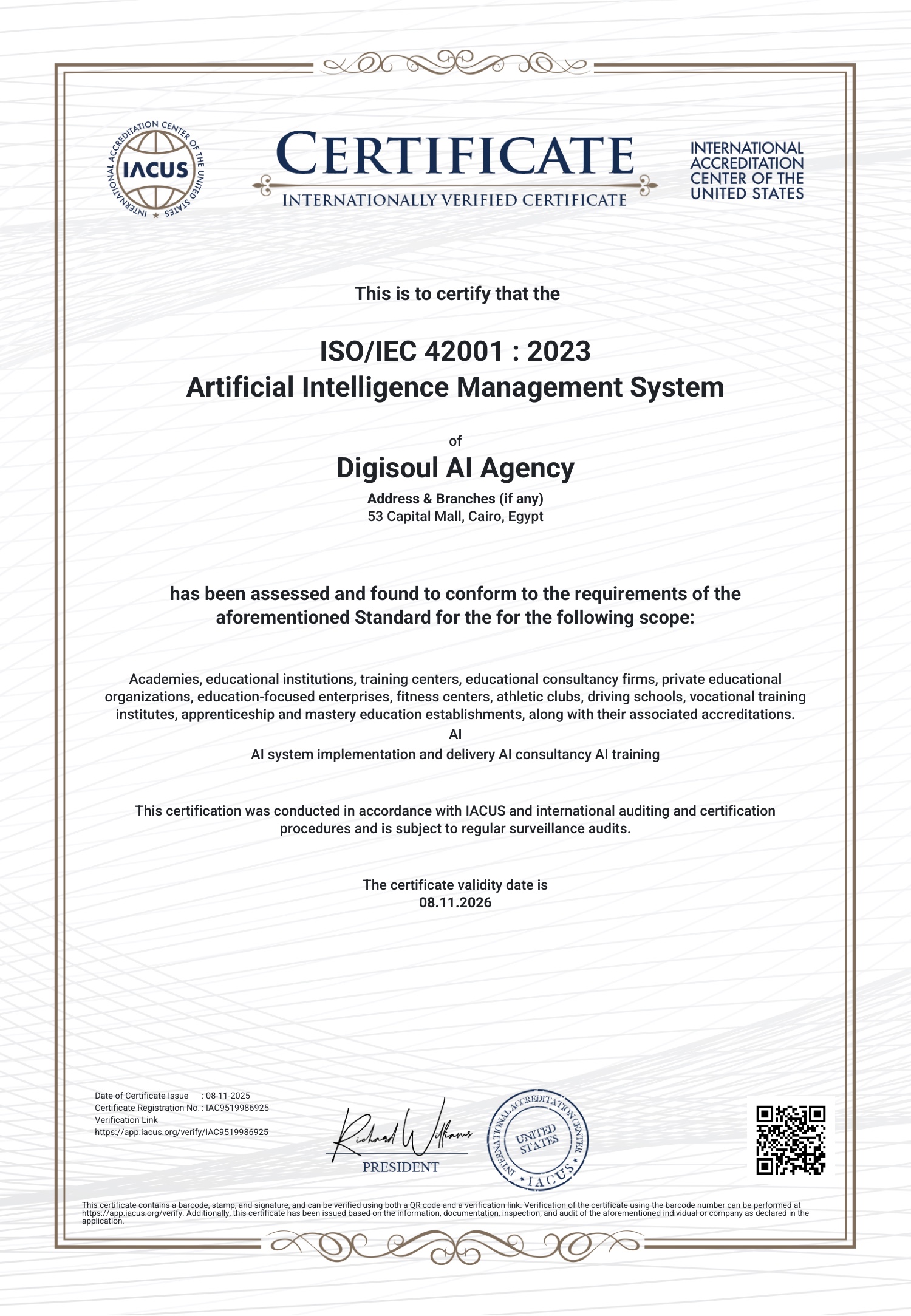 ISO/IEC 42001:2023 certificate issued to Digisoul AI Agency by IACUS, registration number IAC9519986925, valid until 8 November 2026