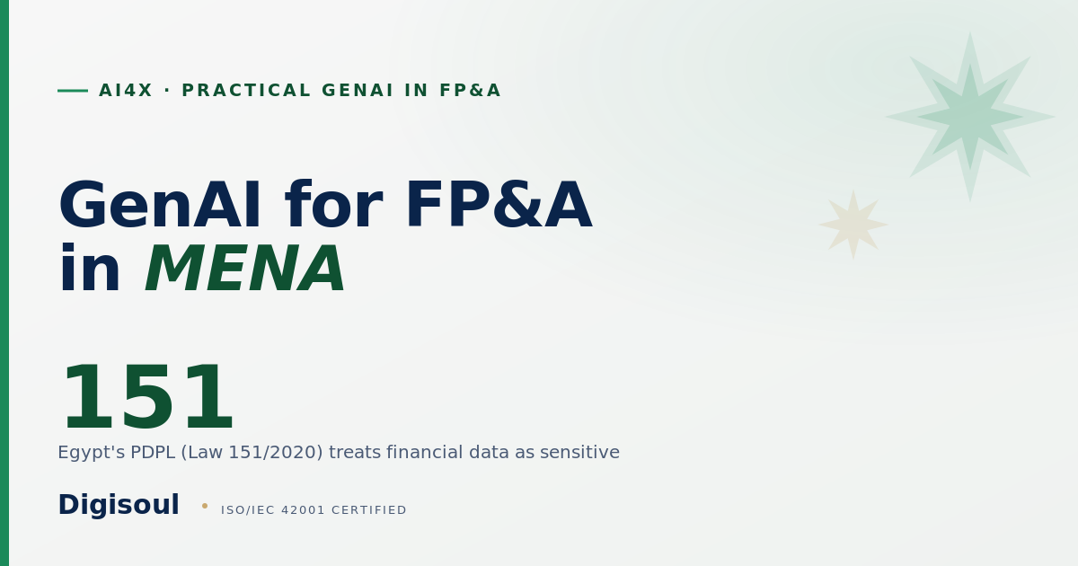 Digisoul governance card: GenAI for FP&A in MENA, Emerald accent on Alabaster