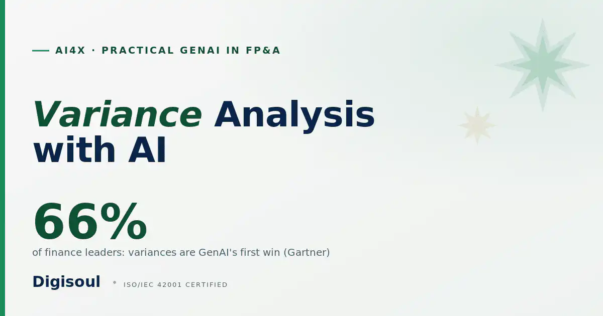 Digisoul how-to card: run variance analysis with AI, Emerald accent on Alabaster